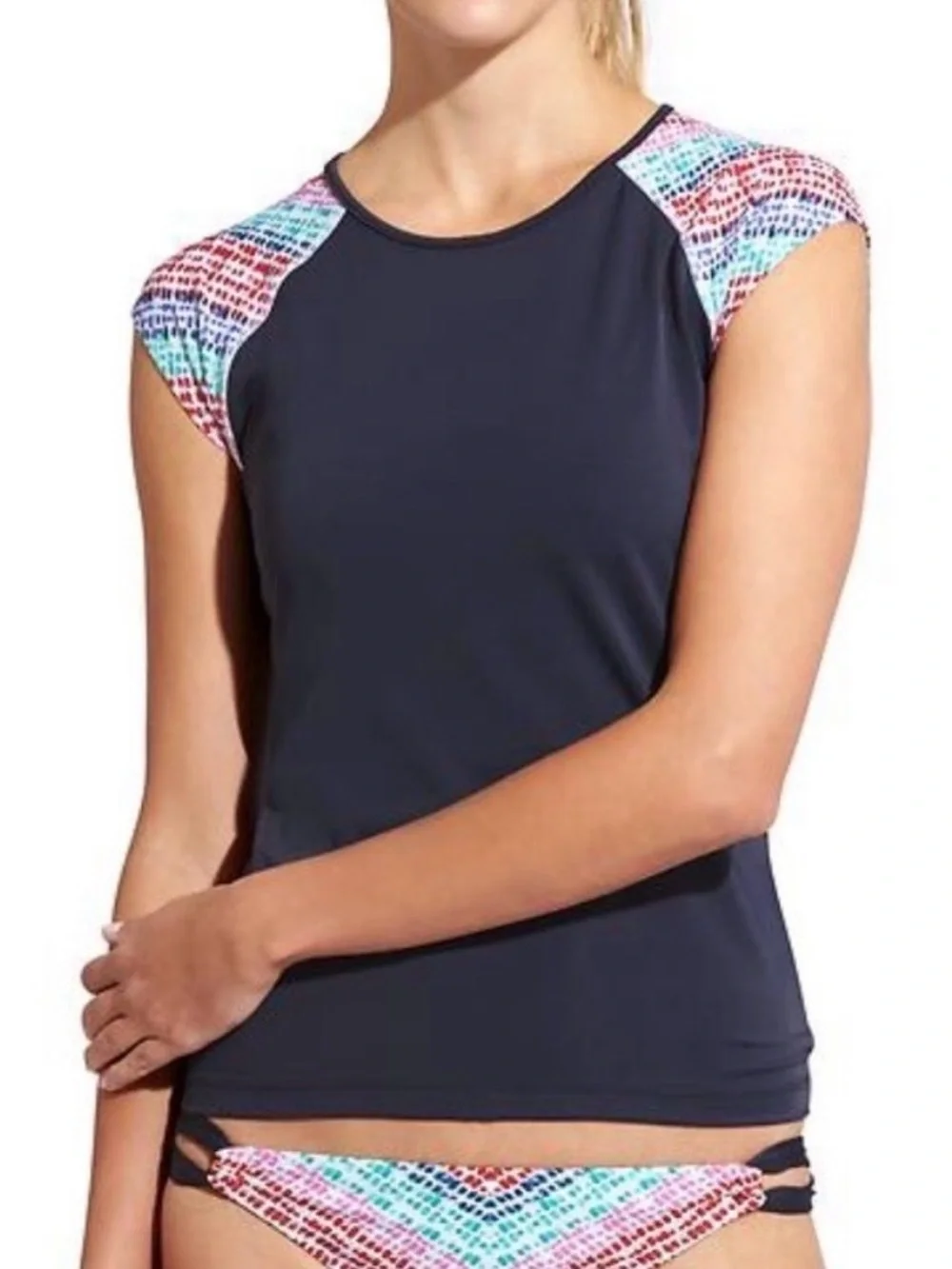 ATHLETA Blue Multi Colored‎ Moxie Rashguard Tee Cap Sleeve Swim Top Size Large